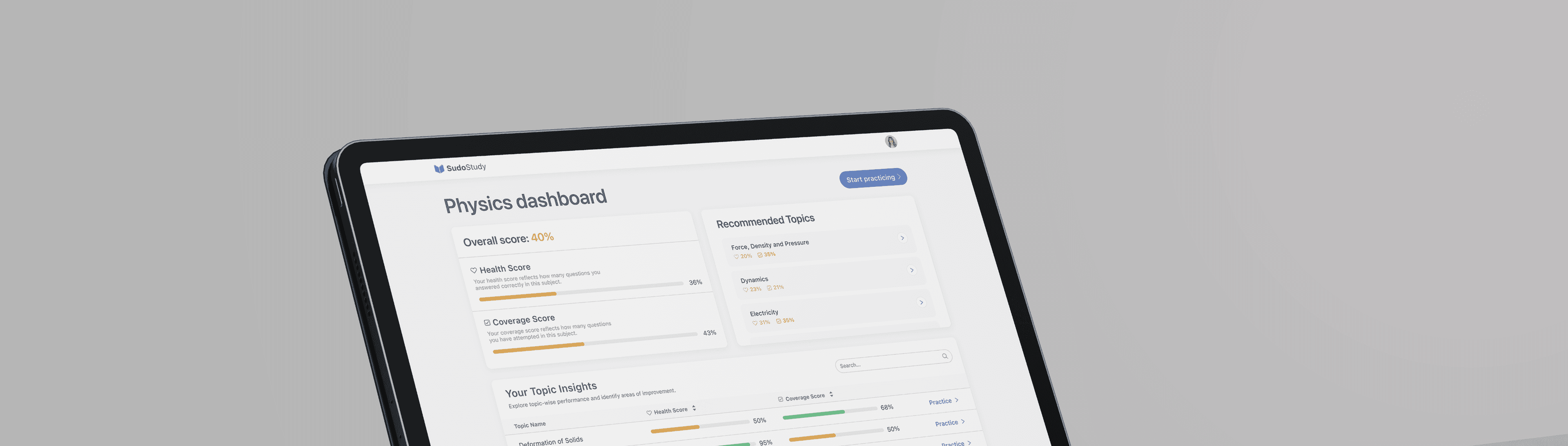 SudoStudy physics dashboard on an iPad