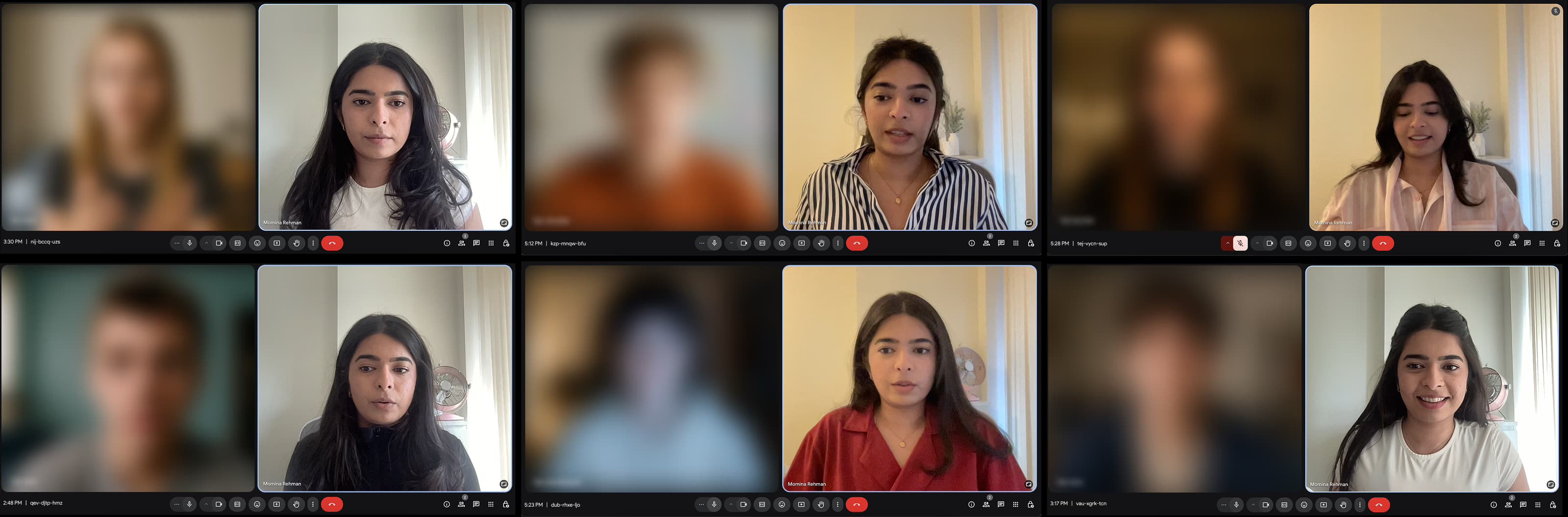 Grid of user interview video call snapshots
