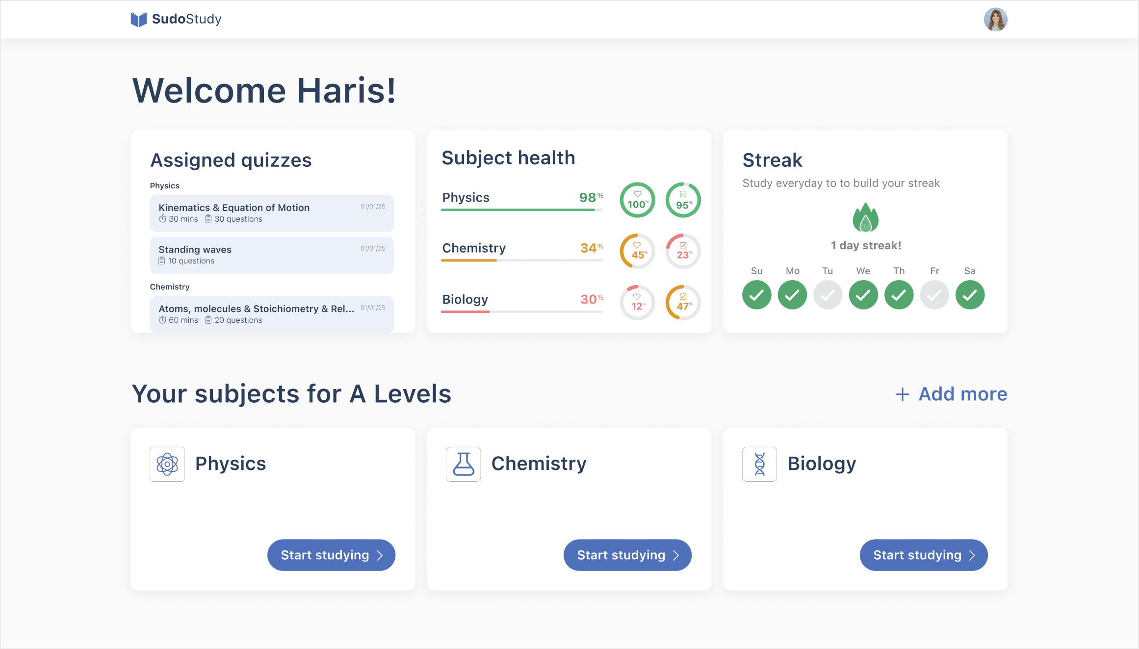 New SudoStudy home dashboard