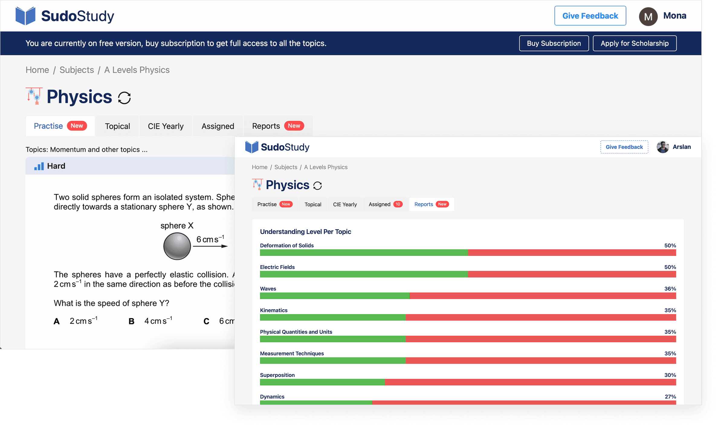 Old SudoStudy subject dashboard