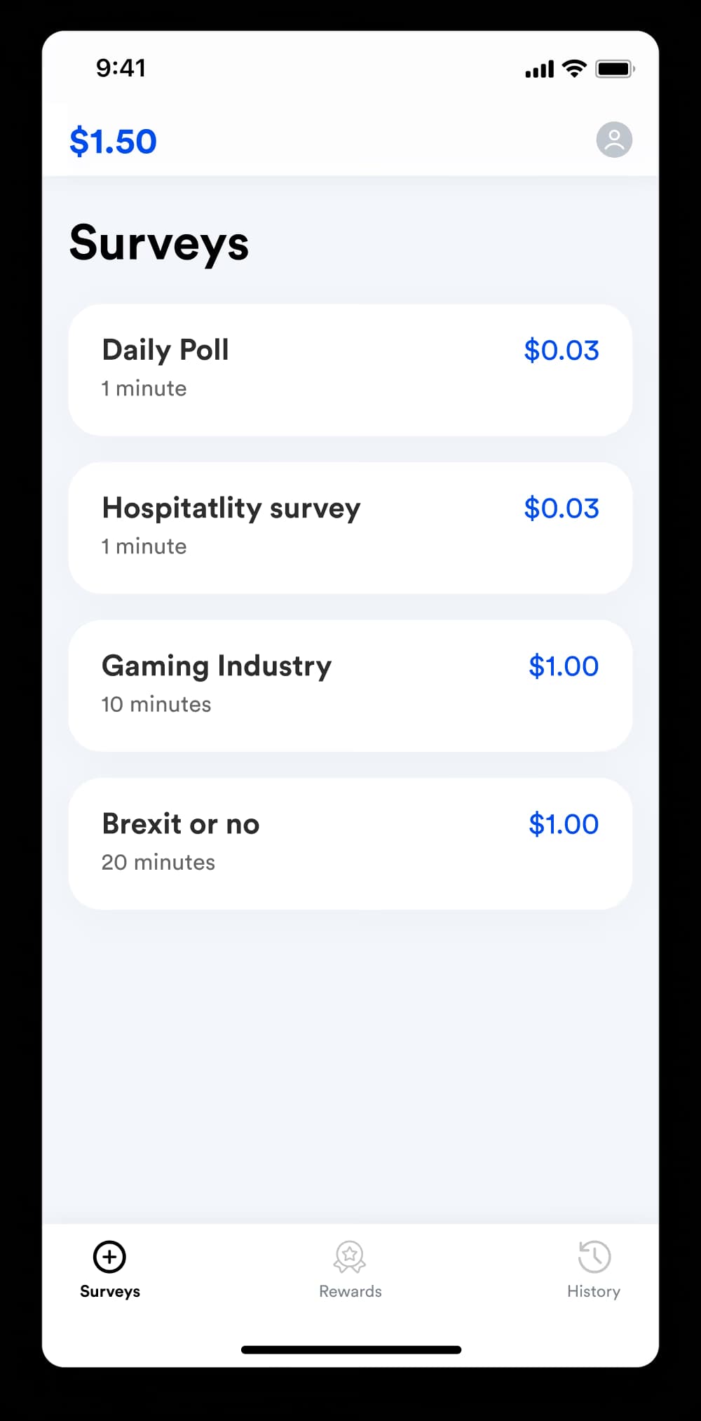 FWIW surveys listing screen