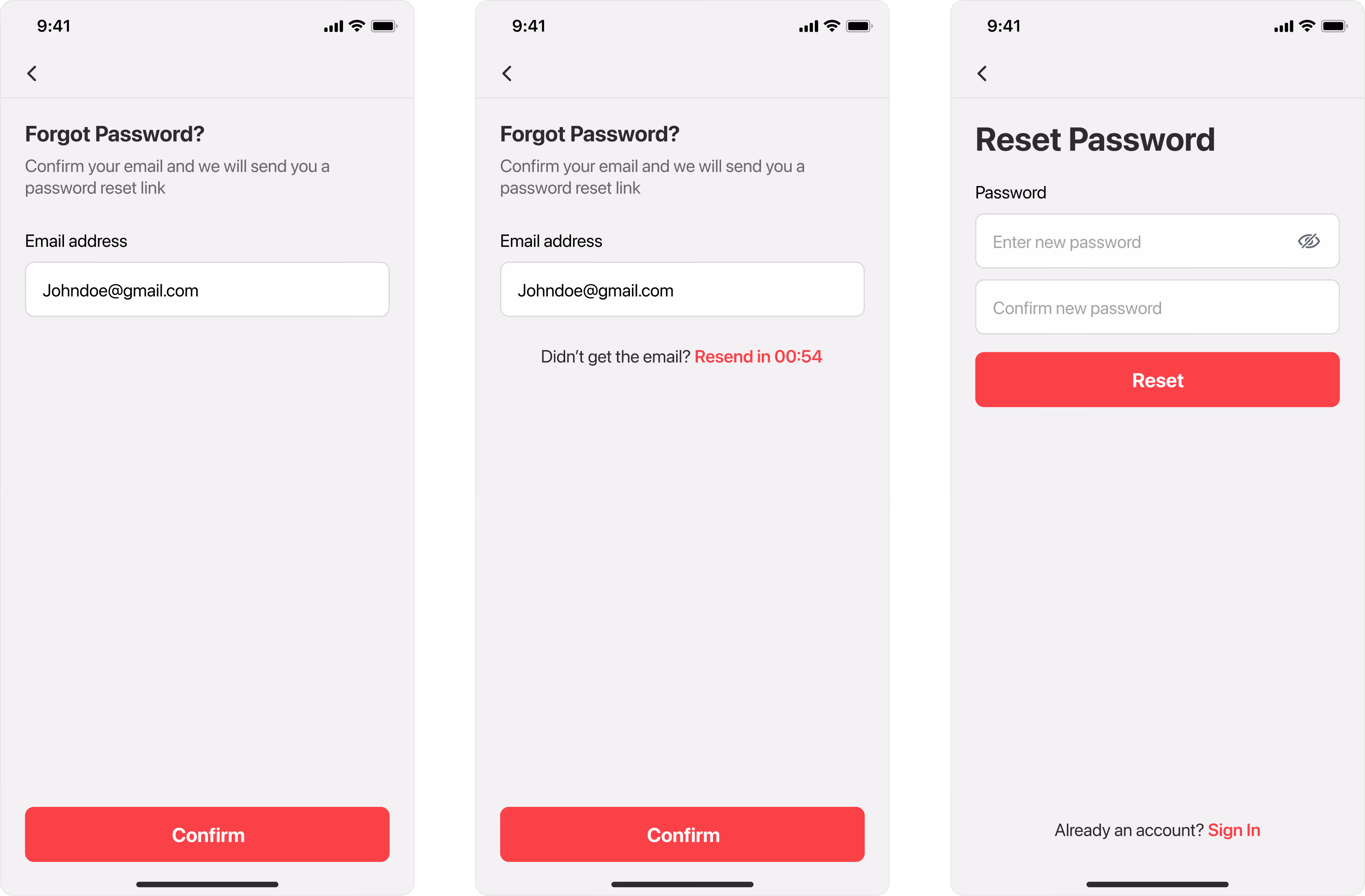 Password reset user flow screens