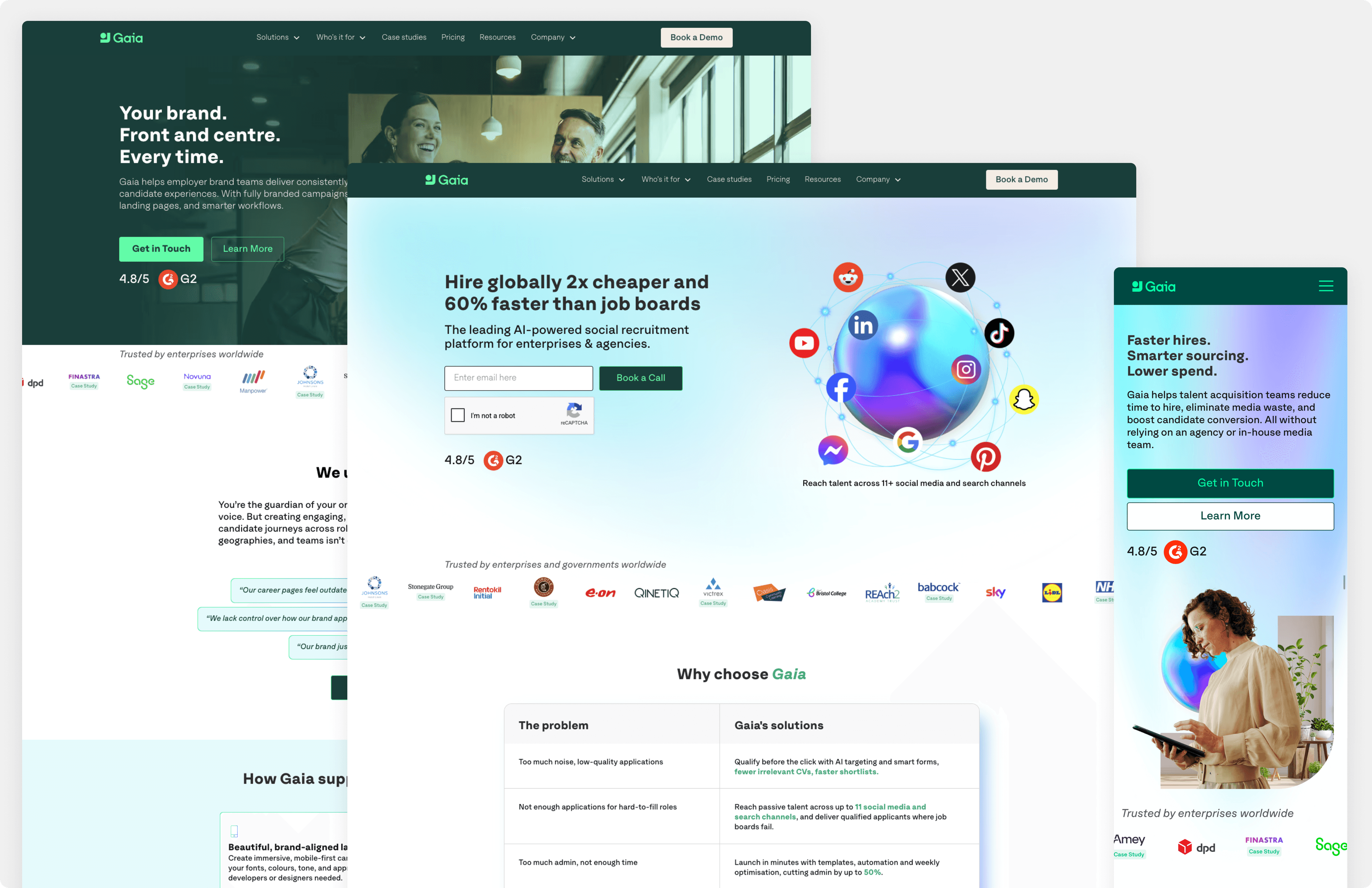 Gaia marketing website — desktop and mobile compositions with hero, globe section, and feature areas