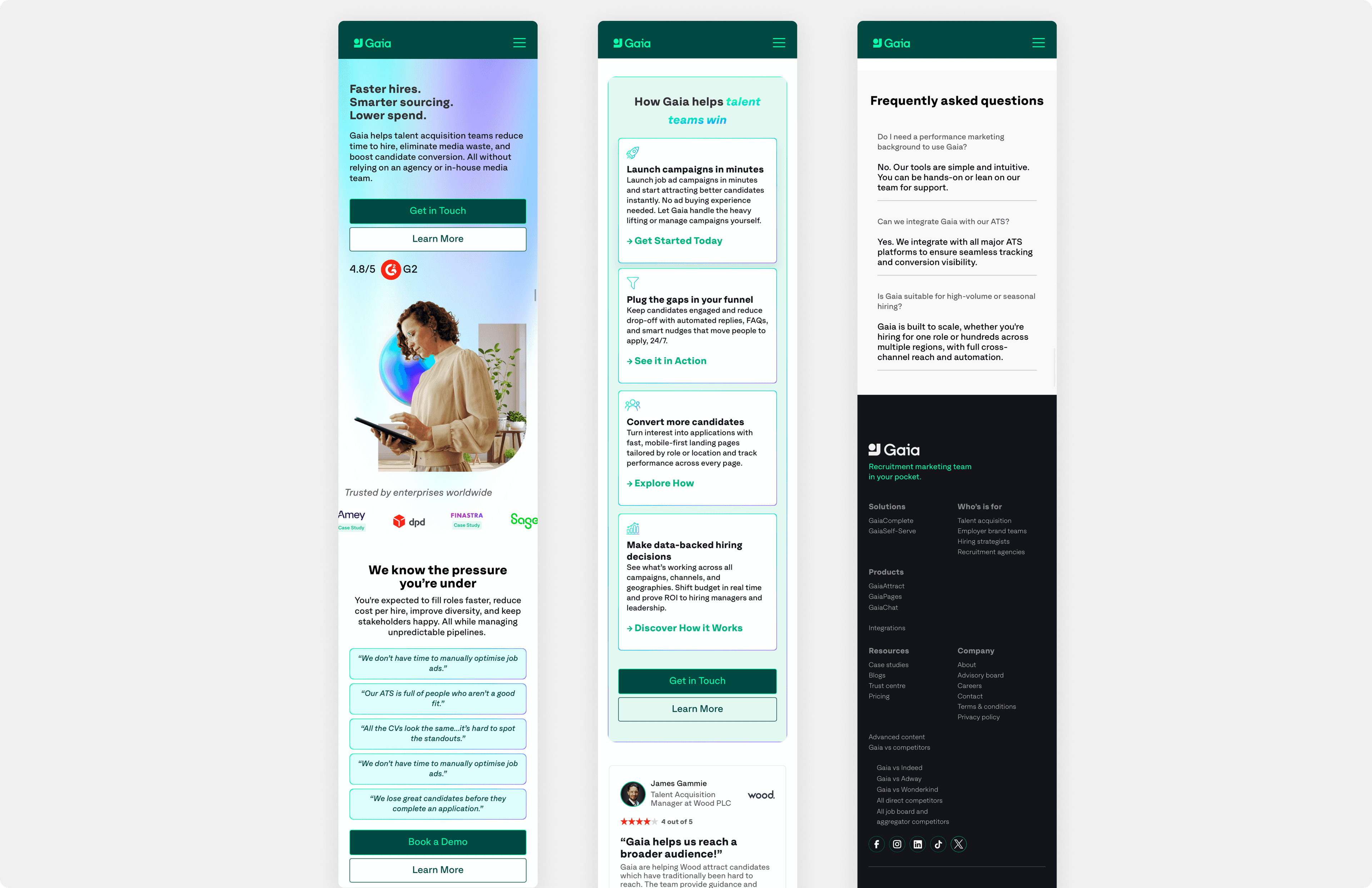 Gaia website — mobile flows and site footer