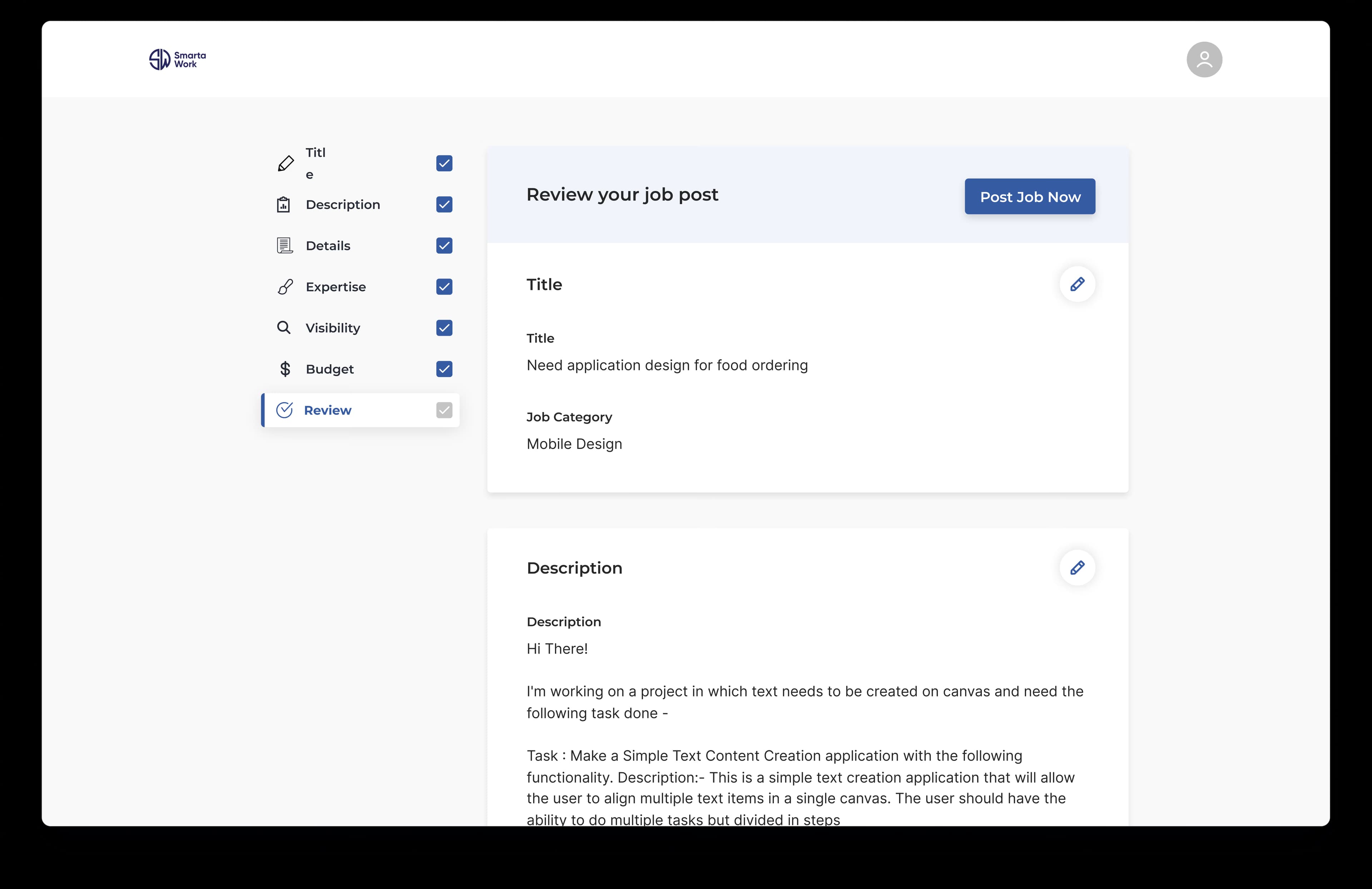 Client job posting workflow screens