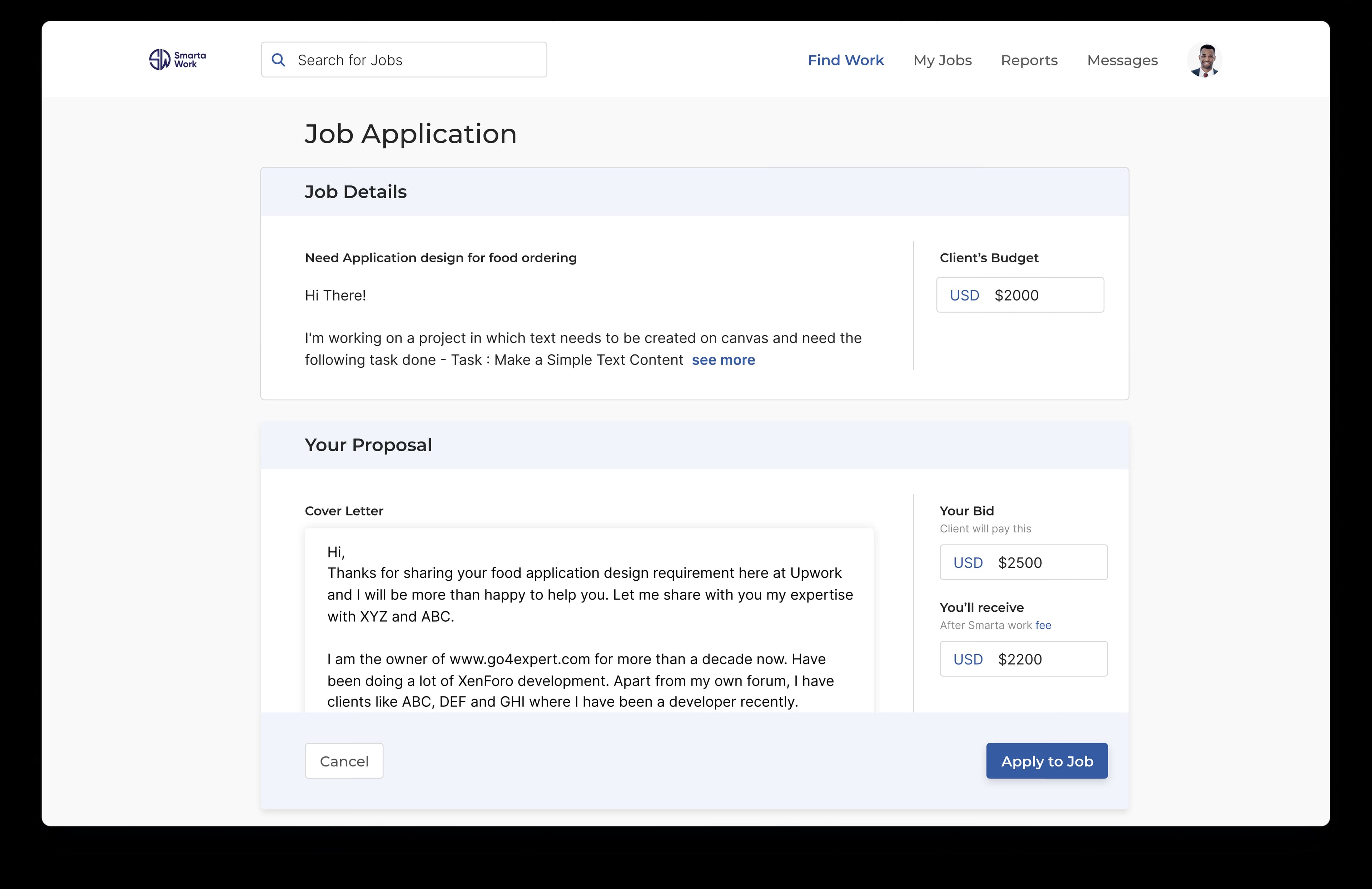 Freelancer job application flow screens