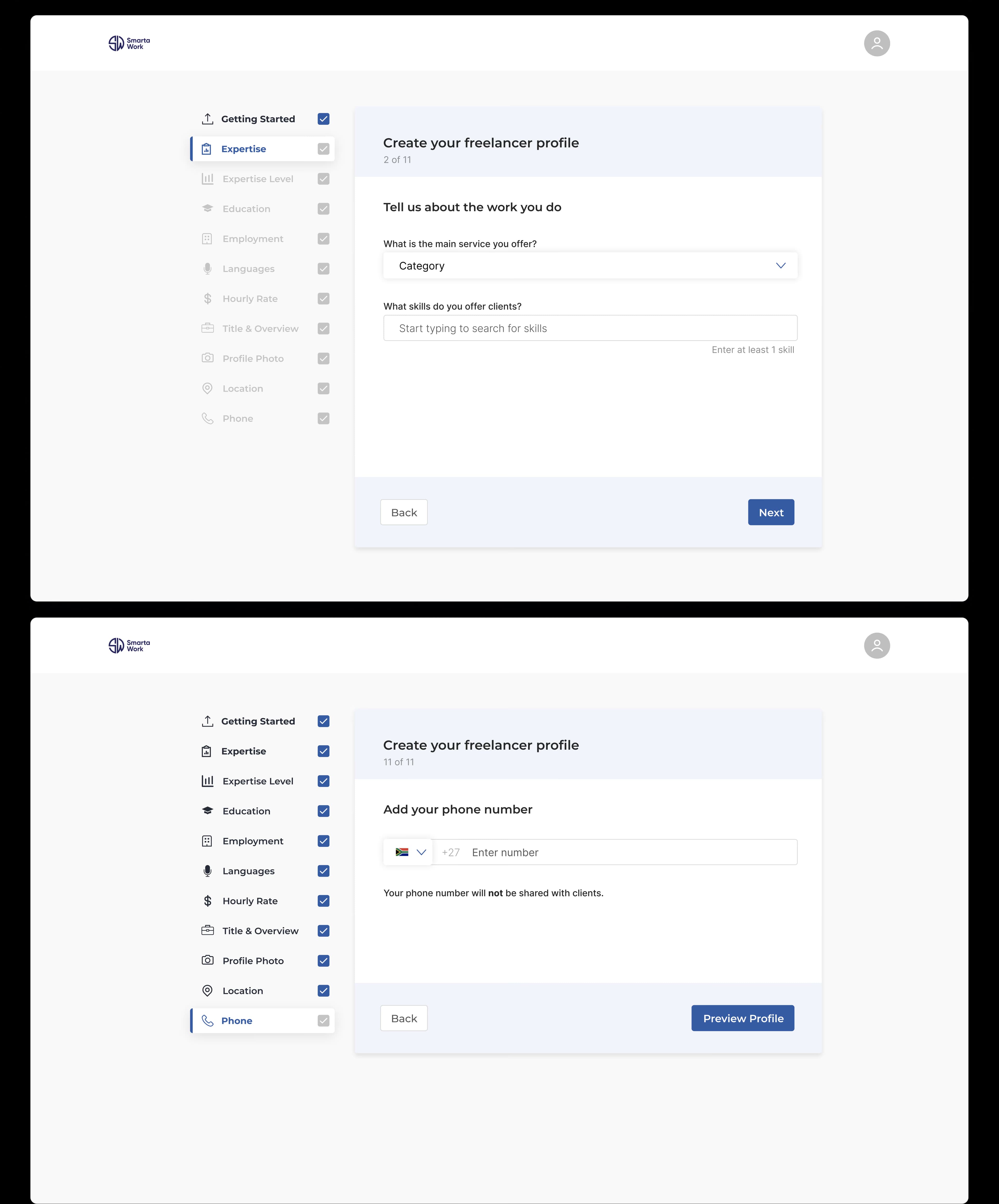 Freelancer profile setup and onboarding screens